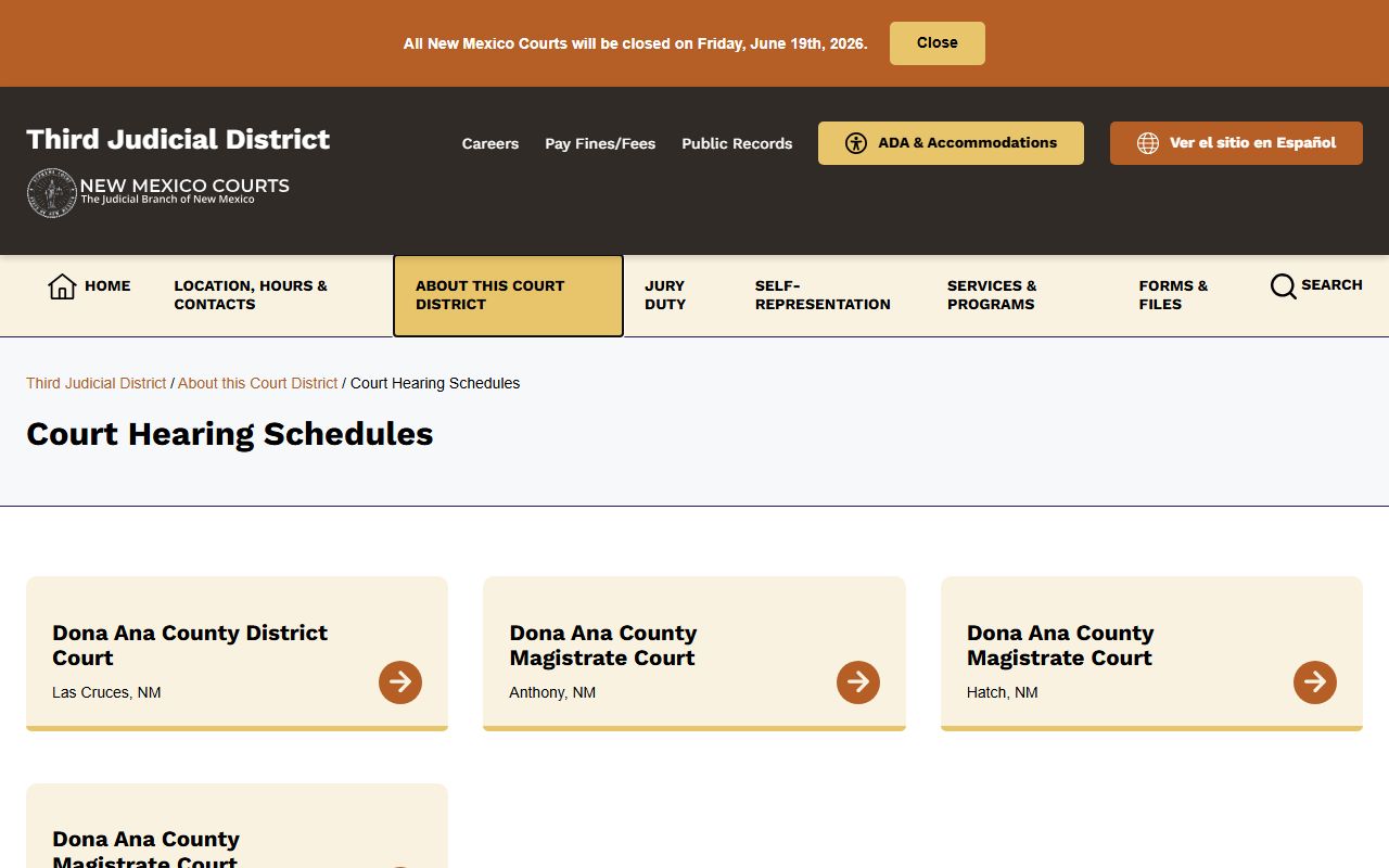 Doña Ana County court dockets Third Judicial District hearing schedule page