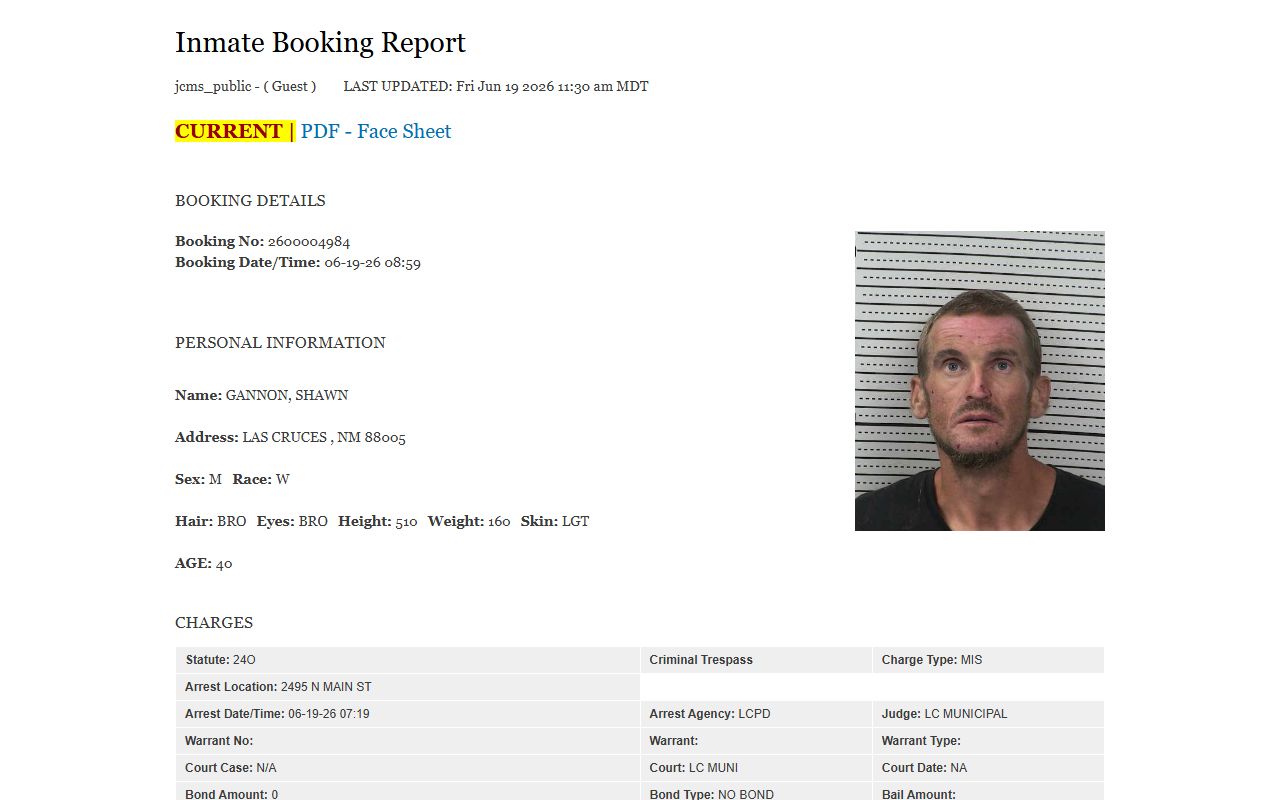 Doña Ana County inmate records sample inmate profile fields
