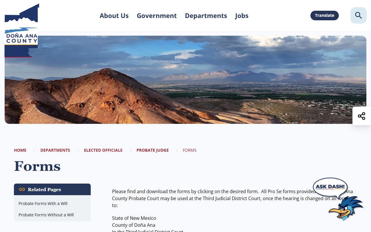 Doña Ana County probate records forms landing page